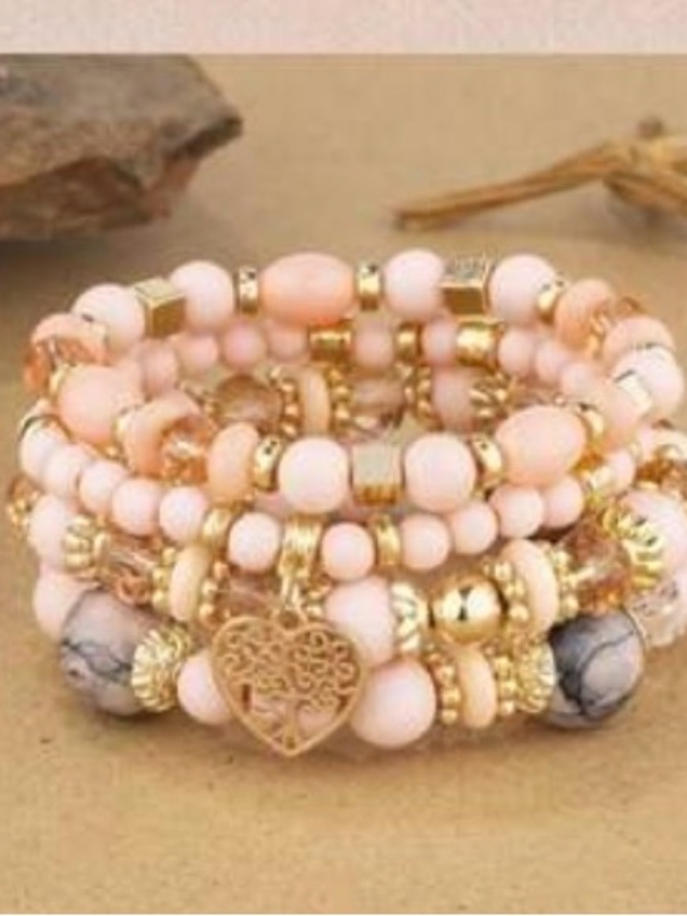 Gold & Blush Pink Beaded Heart Charm Stackable Bracelet Set